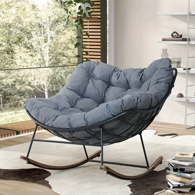 grey outdoor papasan rocking chair with cushion e coated metal frame uv and water resistant ideal for patio porch garden easy assembly tools recliner chair backyard details 1