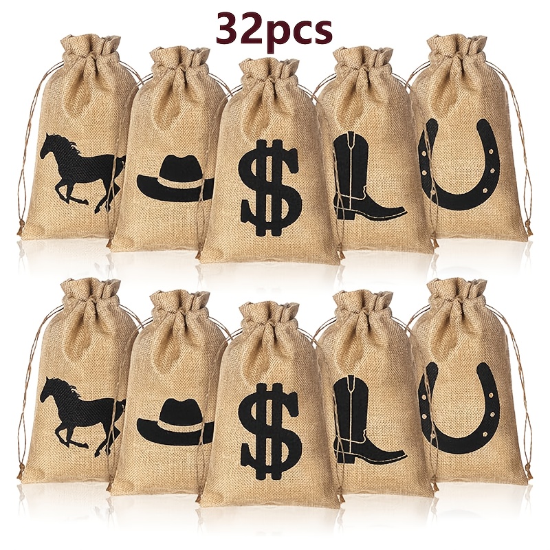 TEMU 16/32pcs Horse Party Favor Bags, Small 4*6inch Burlap Drawstring Pouches Printed With Exquisite Patterns Of , Boots, Horses, Etc., Suitable For