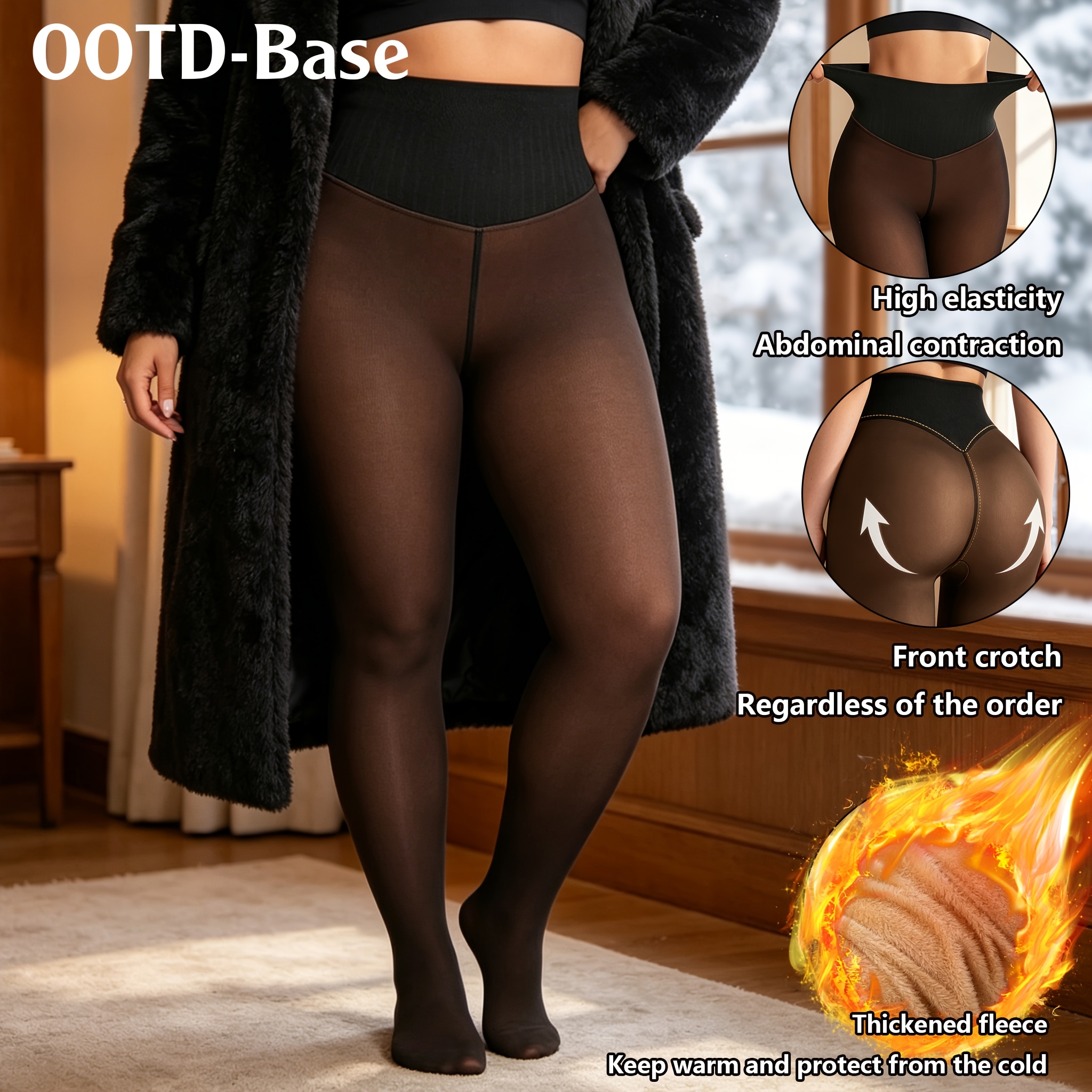 TEMU Style Automne/Hiver : Collants Ajourés Noirs et , Doublés et Épaissis pour une Chaleur Supplémentaire, Leggings de au Design Ergonomique, Taille