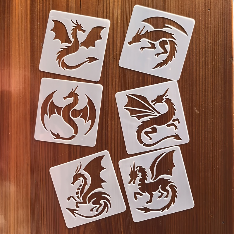 Image of 6pcs 9x9cm Dragon Stencil Set, Diy Layered Stencils, Reusable Home Decor Templates For Wood, Murals, Scrapbooking, Coloring, Embossing, Photo Albums, Decorative Cards