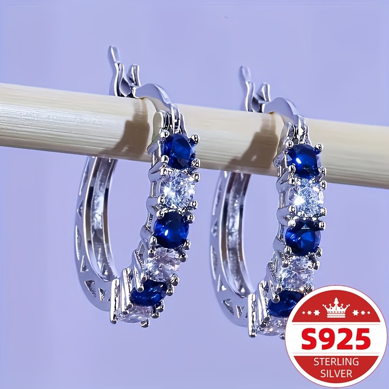 

1 Pair Vintage Style 925 Sterling Silver Hoop Earrings With Blue And Clear Synthetic Gemstones, Hypoallergenic, Elegant Round For And Gift, Valentine's Day Jewelry