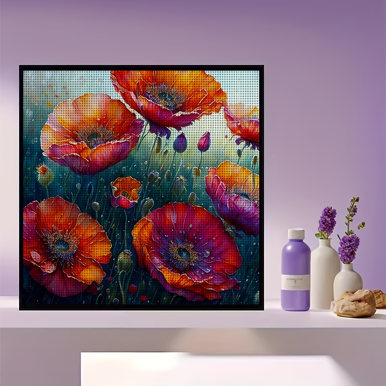 Cross Stitch Printed Kit, Frameless, Red Blooming Flowers Oil Painting Pattern