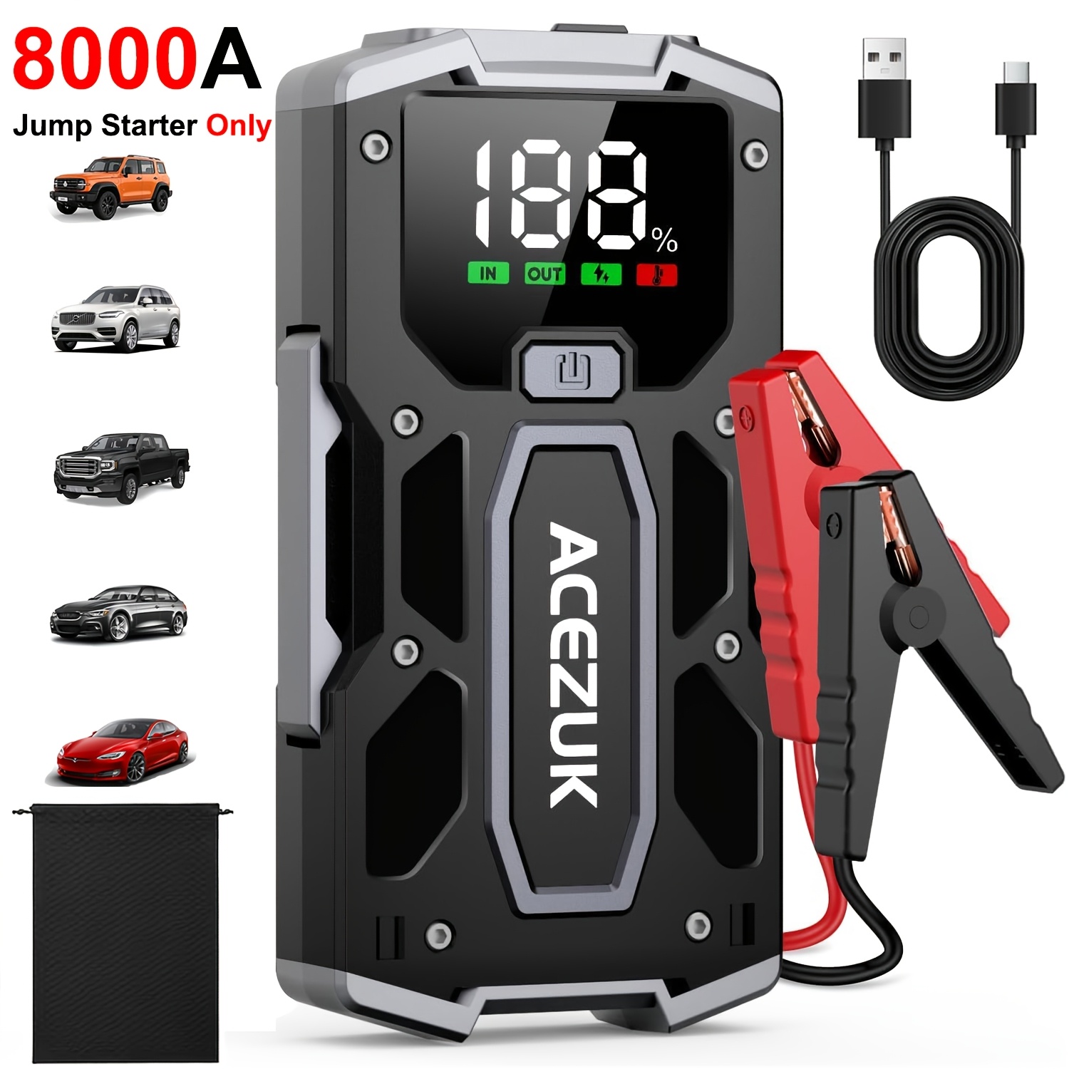 Prenosni zaganjalnik avtomobila, 12V avtomobilski booster akumulator, zaganjalna skrinjica, power bank paket z velikim LCD digitalnim zaslonom,