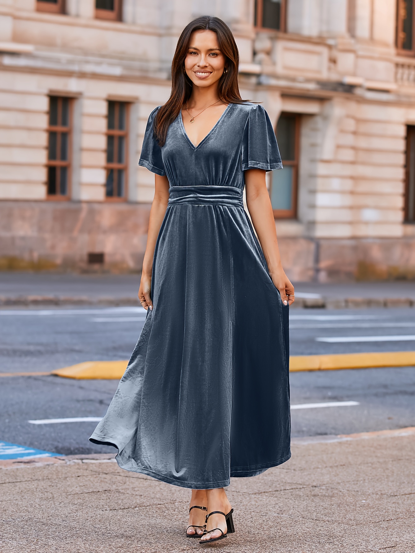 fitted lace wedding dress Navy Blue Maxi Velvet Formal Prom Evening Dress TS2601 Size 4 / Navy