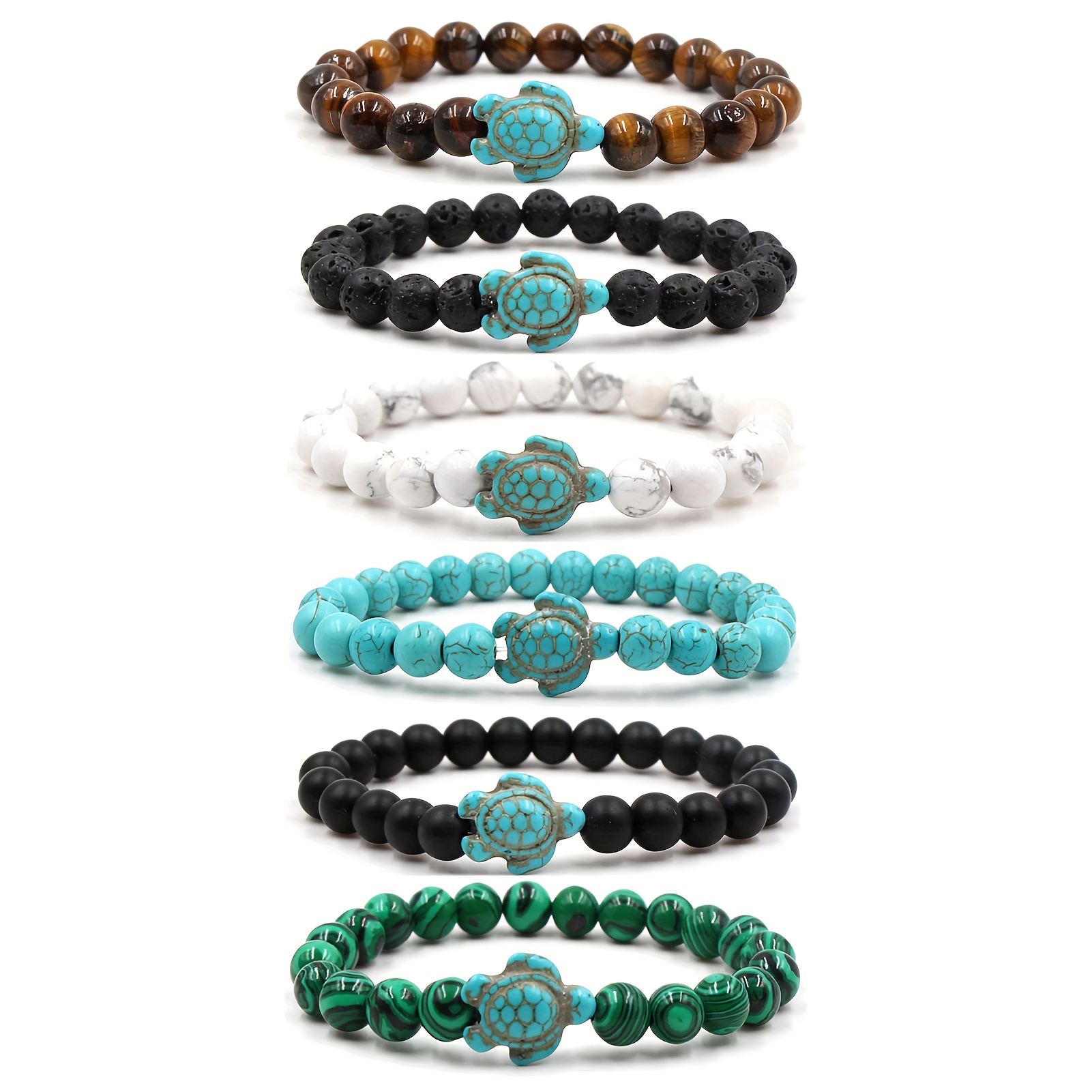 TEMU 6pcs Sea Turtle Pearl Bracelets, Natural Stone, Colorful, Elastic Turquoise Elastic Bands, Friendship Gifts For . 8mm