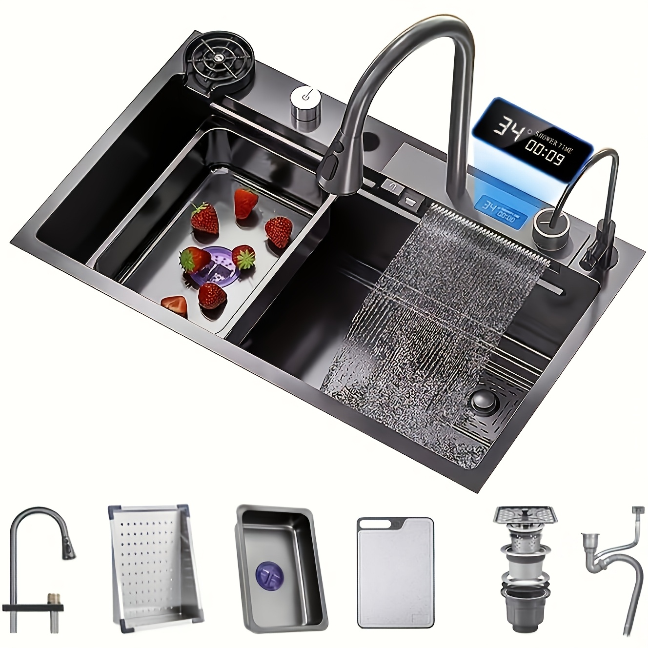 Kitchen Sink, Black, Stainless Steel, 75 X , Waterfall Sink, 1 Basin, Multifunctional Bar Sink, Kitchen Sink With Accessories Such As Pull-out Taps, Glass