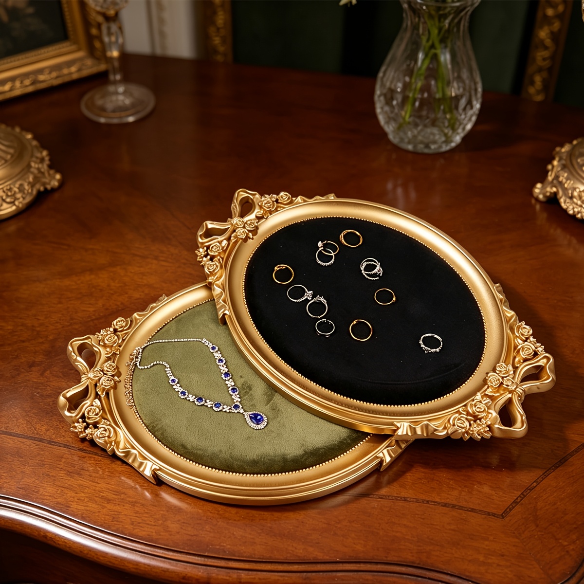 Retro Golden Frame Oval Jewellery Tray with Bow, Velvet Lining