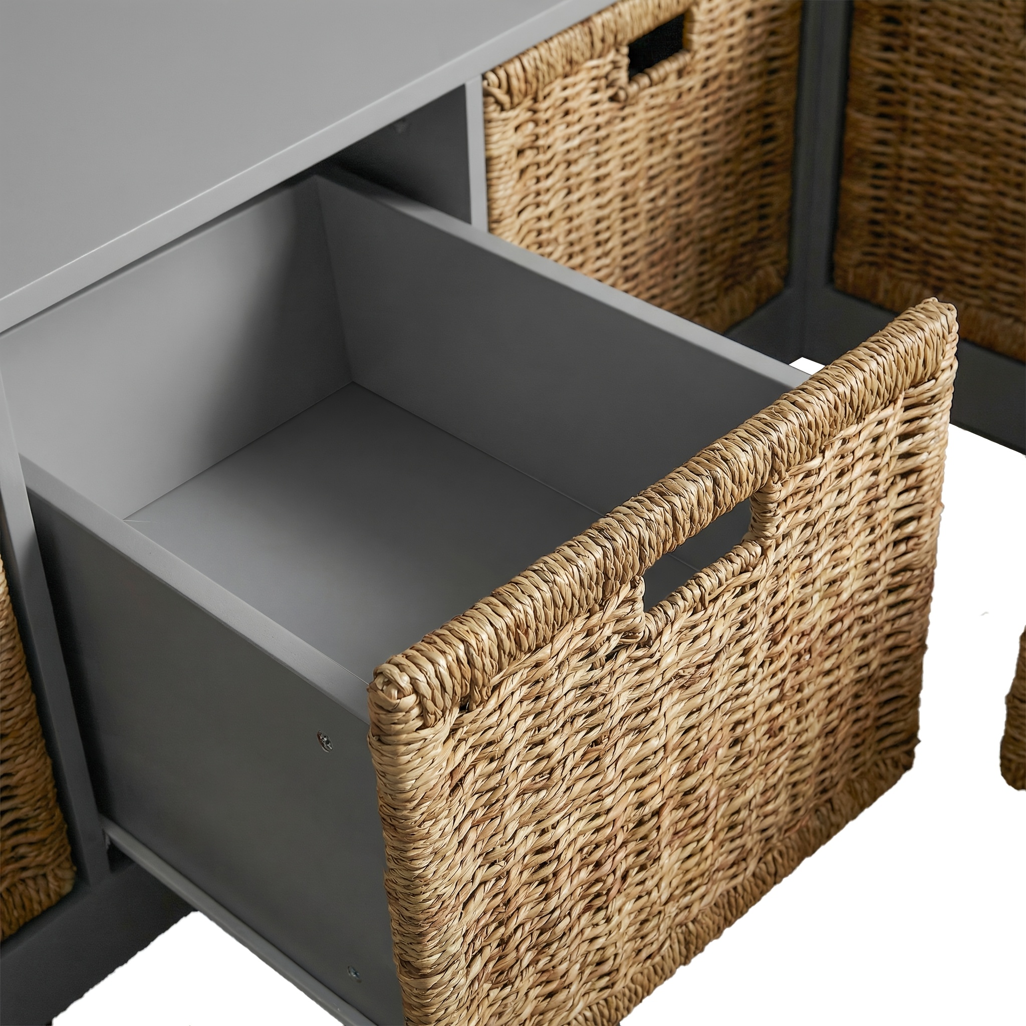 Modern L-Shaped Shoe Cabinet with 6 Rattan Drawers, Multi-Functional Wood Shoe Storage Cabinet with Storage Compartments, for Entryway And Living Room, Modern Design, Gray