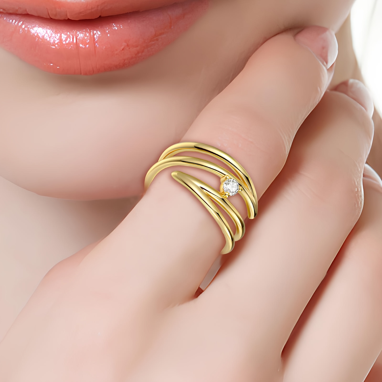 Women's Multi-Layer Hollow-Out Wedding Ring, Tri-Prong Synthetic Zirconia