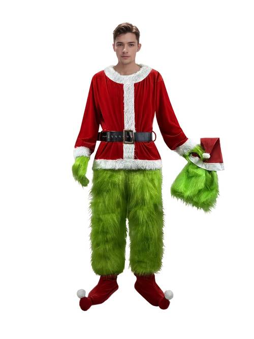 item picture green furry monster christmas costume loose fit festive santa hat gloves festive accessories attire attire design stretchy fabric christmas costume