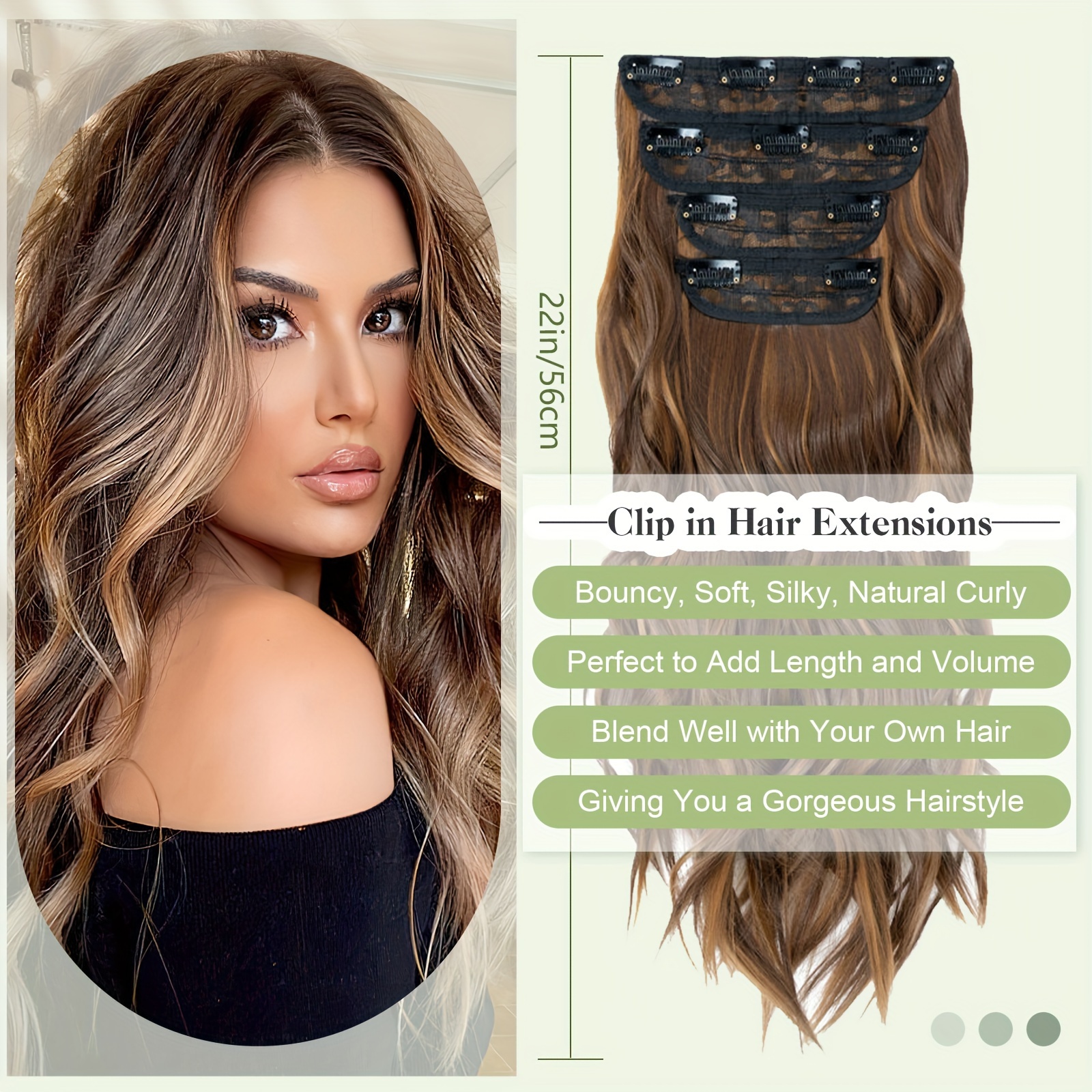 balayage 22 inch clip in hair extensions 4pcs long wavy thick highlighted clip in hairpieces curly synthetic   hair extension for women daily use brown bleach blonde black christmas and halloween gift details 3