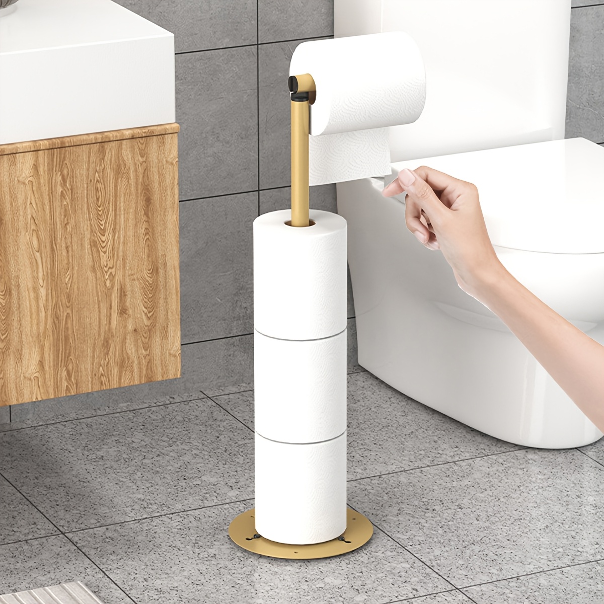 Image of 1pc Freestanding Toilet Paper Holder, Floor-mounted Roll Dispenser For Bathroom Storage, Bathroom Accessory, Toilet Paper Storage Containers