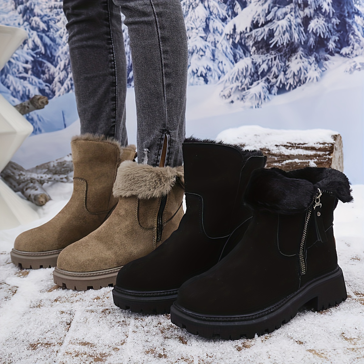 

1pr Elegant Women's Mid-calf Snow Boots 2024 New Winter Fur Cozy Thickened Zipper Side Boots, Non-slip Warm Ankle Boot With And Fabric