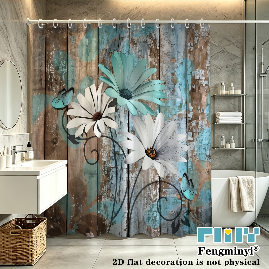 TEMU Rideau de Douche Plat 2D, 1 pièce, Rideau de Douche Floral à Fleurs de Style Ferme, Ensemble de Rideau de Douche Rustique à Pâquerettes Vert