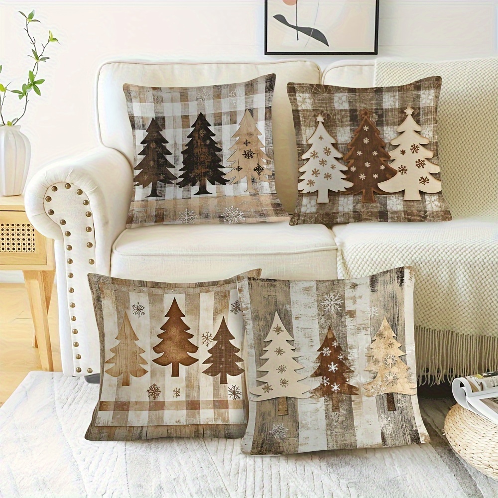 

4-pack Vintage Christmas Tree Pillow Covers, 18x18 Inches, Short Plush, Brown & , Polyester, Zippered Cushion Cases For Living Room, Bedroom, Office Decor, Machine Washable