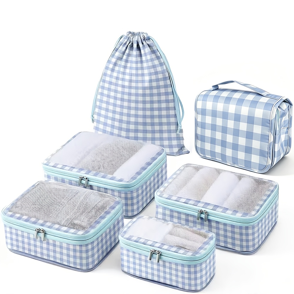item picture 6pcs large capacity compressible checkered travel organizer set zipper closure durable polyester fiber suitable for clothing shoes and additions   storage travel organizer luggage organizer bag vibrant travel set travel