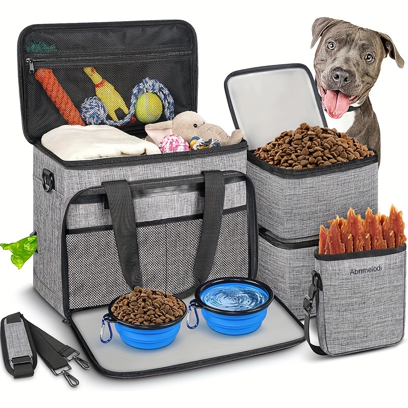 

6pcs/ Set Dog Travel Bags, Large Pet Travel Kit For Supplies Includes 2 Food Containers, 1 Travel Organizer For Dogs, 2 Collapsible Bowls, 1 Treat Pouch, Dog Weekend Overnight Travel Bag Luggage