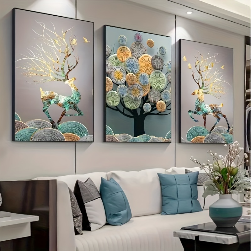 

3pcs Frameless Abstract Chinese Feng Shui Golden Rich Tree Wall Art Canvas Painting, Art For Living Room Cuadros Decor, No Frame, 15.7*23.6in