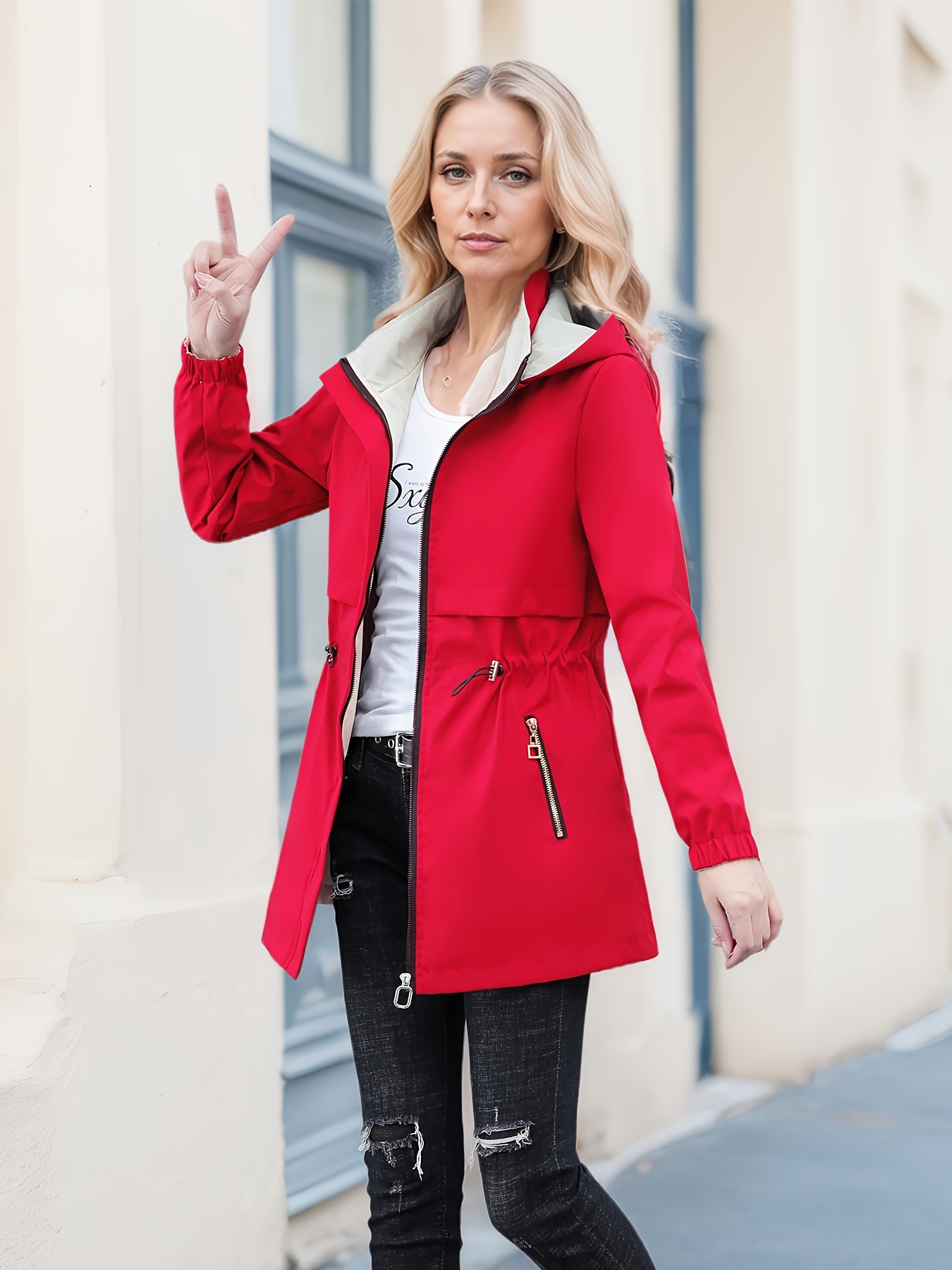 2024 new womens hooded windbreaker jacket   length casual coat with adjustable drawstring waist zipper closure button details solid color for   outdoor wear nonstretch fabric details 15