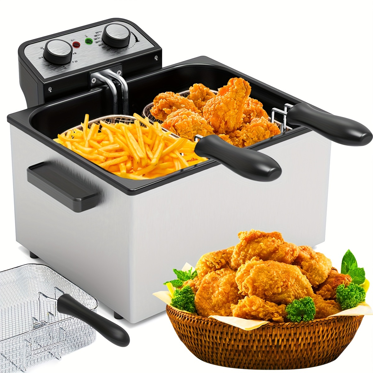 

1pc 5.3qt Stainless Steel Deep Fryer With Basket, Electric Fryer With View Window Lid, Adjustable Temperature & Timer, 1800w For , Shrimp, - Us Plug