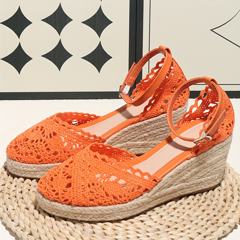 elegant womens fashionable flat sandals orange crochet Temu
