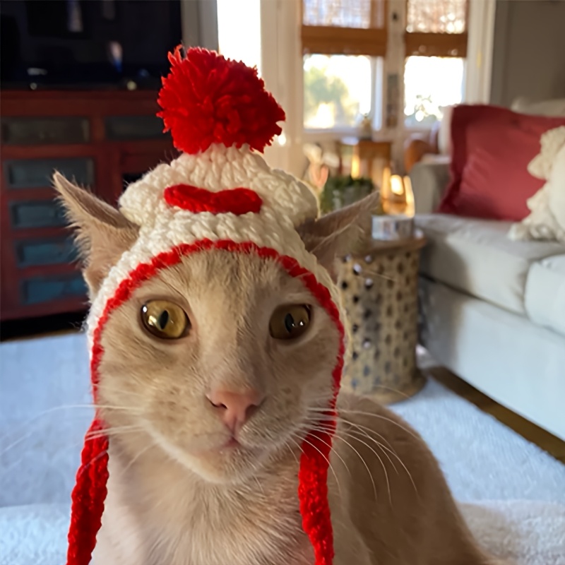 TEMU Handmade Knitted Pet Hat, Heart Pattern And Soft Large Pom-pom, Red And Beige Cute Color, Suitable For Cats/small Dogs (chihuahua, Pomeranian,