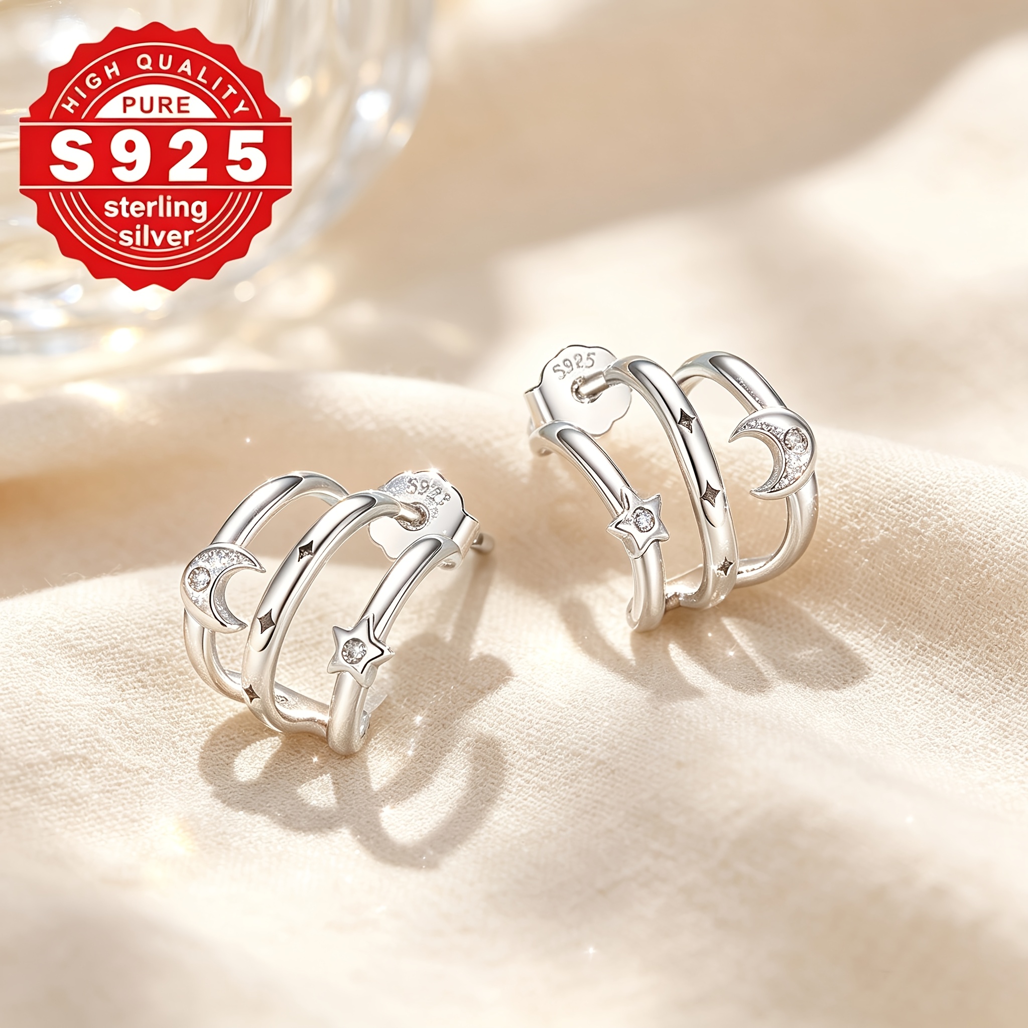 Women's S925 Silver Crescent Moon & Star Stud Earrings