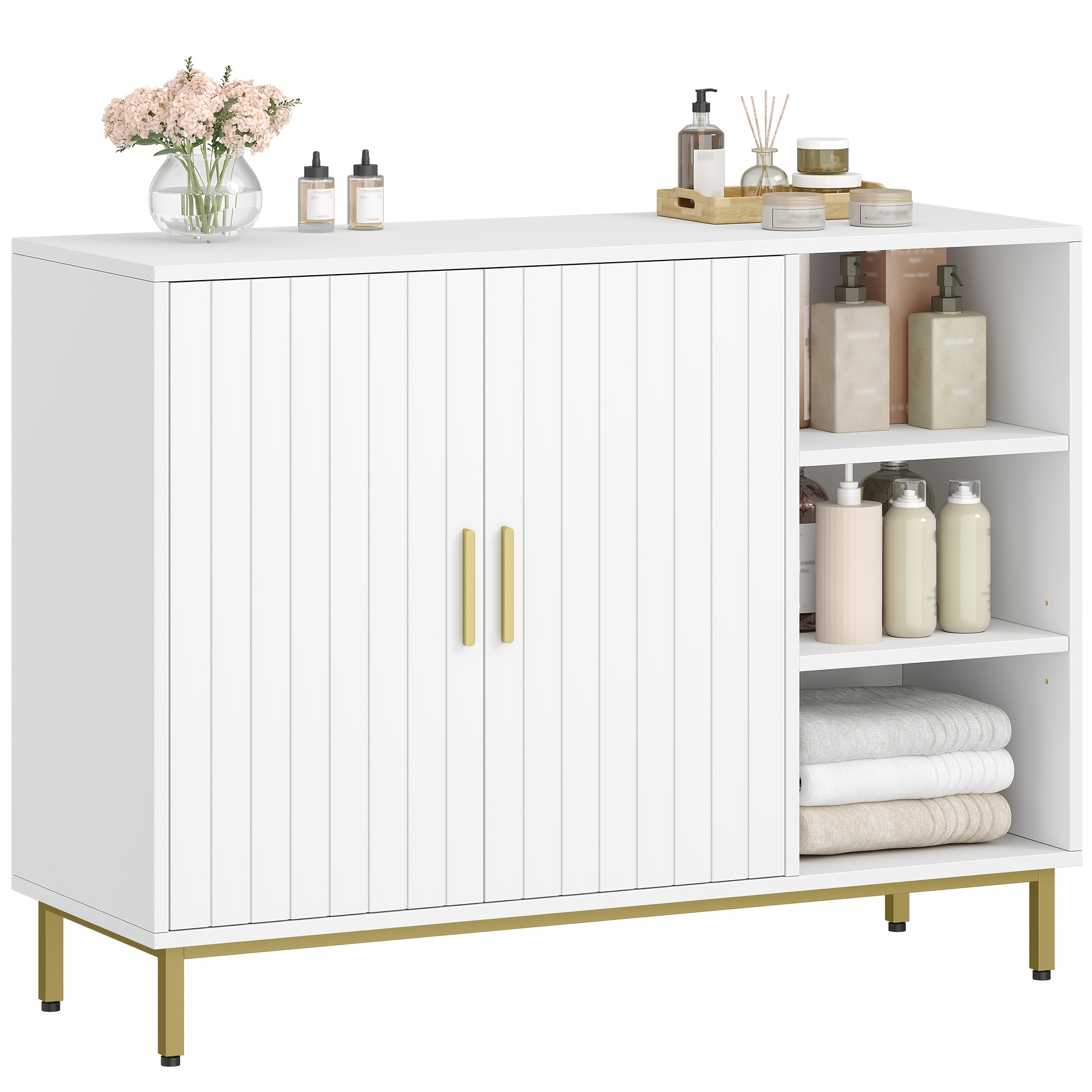 Bathroom Storage Cabinet, Freestanding Bathroom Cabinet, Double Door Design, Adjustable Shelves, 100 X 35 X 75 Cm, White And Golden