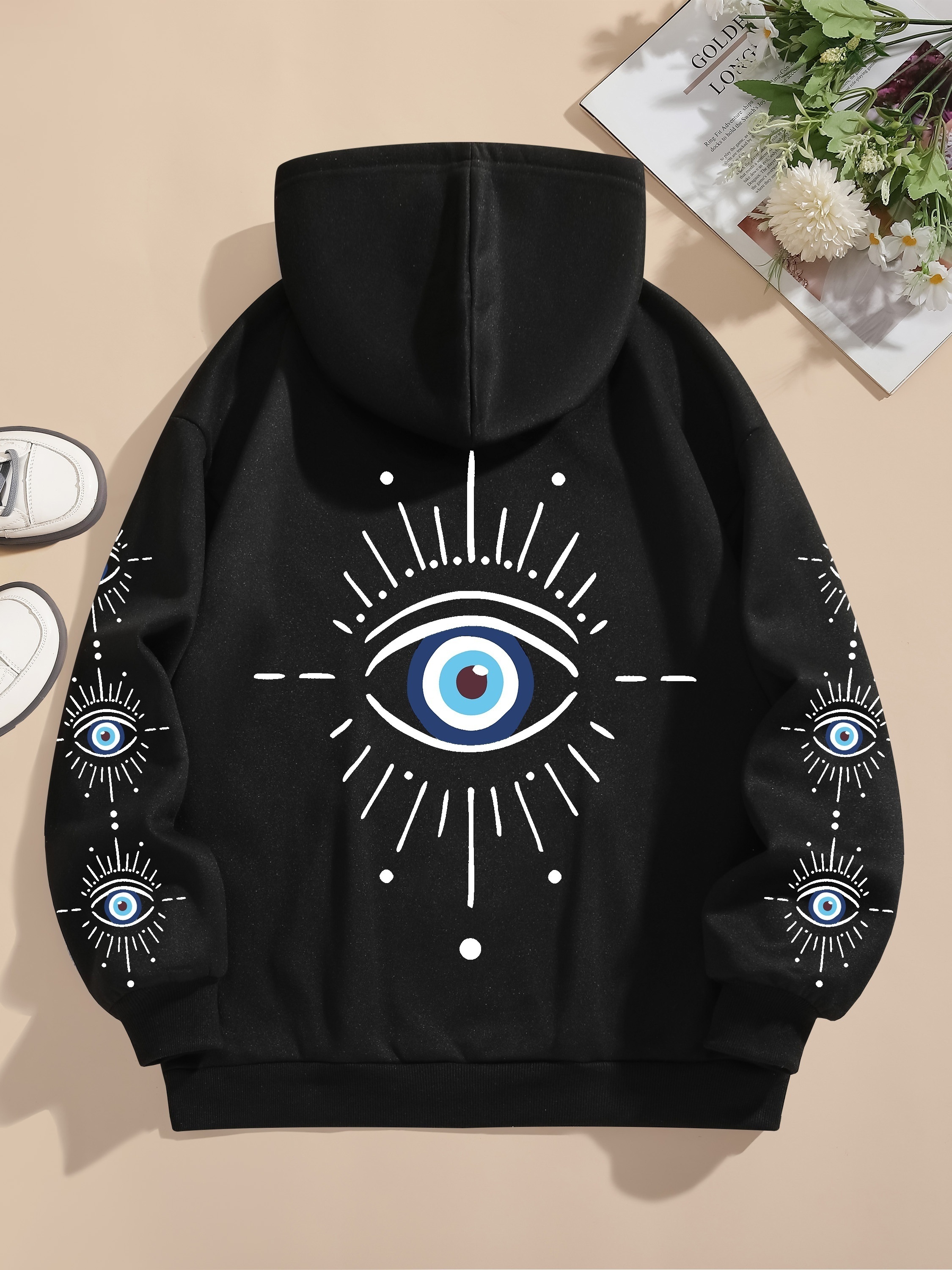 Women's Black White All-* Eye Hoodie Celtic Knot Masonic-Inspired  Symbol Sweatshirt, Long Sleeve Casual Pullover with Drawstring Hood,  Machine