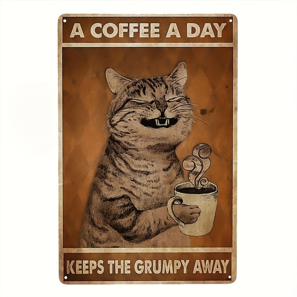 

Vintage Cat & Coffee Metal Tin Sign - Humorous Wall Art For Kitchen, Cafe, Or Bathroom Decor, 8x12 Inch