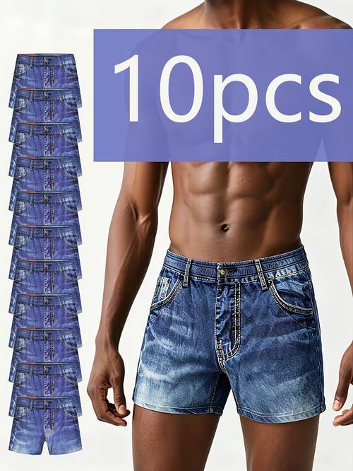 10개입 여름 아로 쇼츠 남성용 속옷 디지털 프린트 페이크 데님 반바지 통기성 피부 친화적 부드러운 홈 팬츠 해변 캐주얼 버뮤다 반바지 해변 휴가 속건성 수영복 다용도 야외 반바지