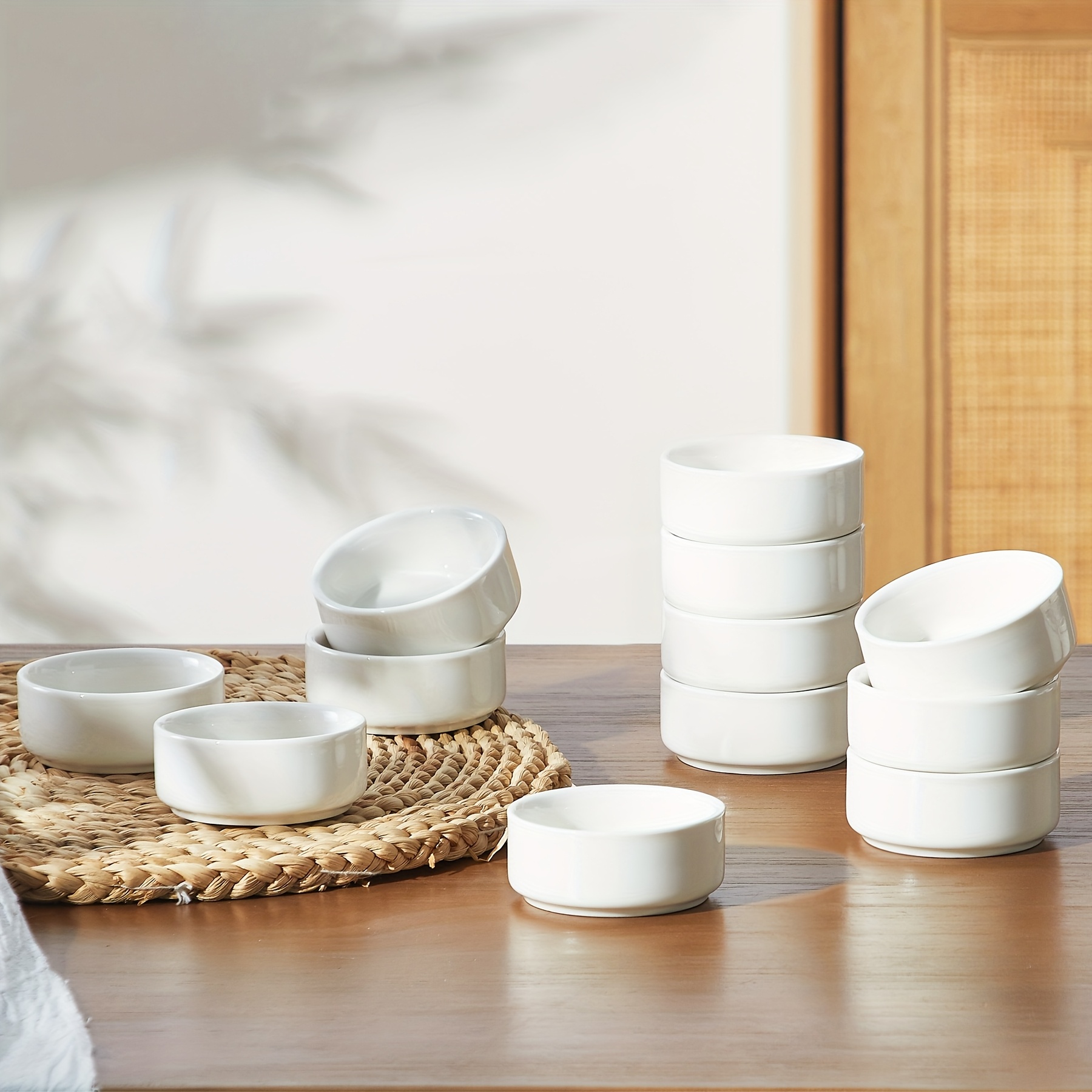 TEMU [ceramic Mini Sauce Dish Set] 12pcs Stackable White Ceramic Cups For Mini Desserts & Sauce Dipping - 2oz Each
