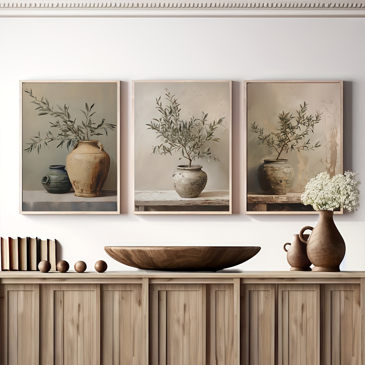 

Set Of 3 Vintage Olive Branch Vase Canvas Art Prints, Retro Botanical Wall Art, Unframed Modern Home Decor For Living Room, Bedroom, Hallway - Minimalist Aesthetic Plant Posters