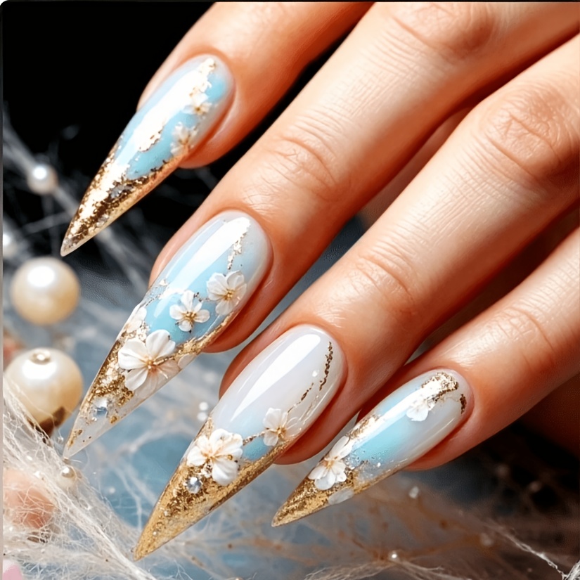 TEMU 24pcs Elegant Longalmond Shaped Press-on Nails, Light Blue Gradient Faux Nails, Golden Shimmering White Small Floral Pattern, Reusable Fake