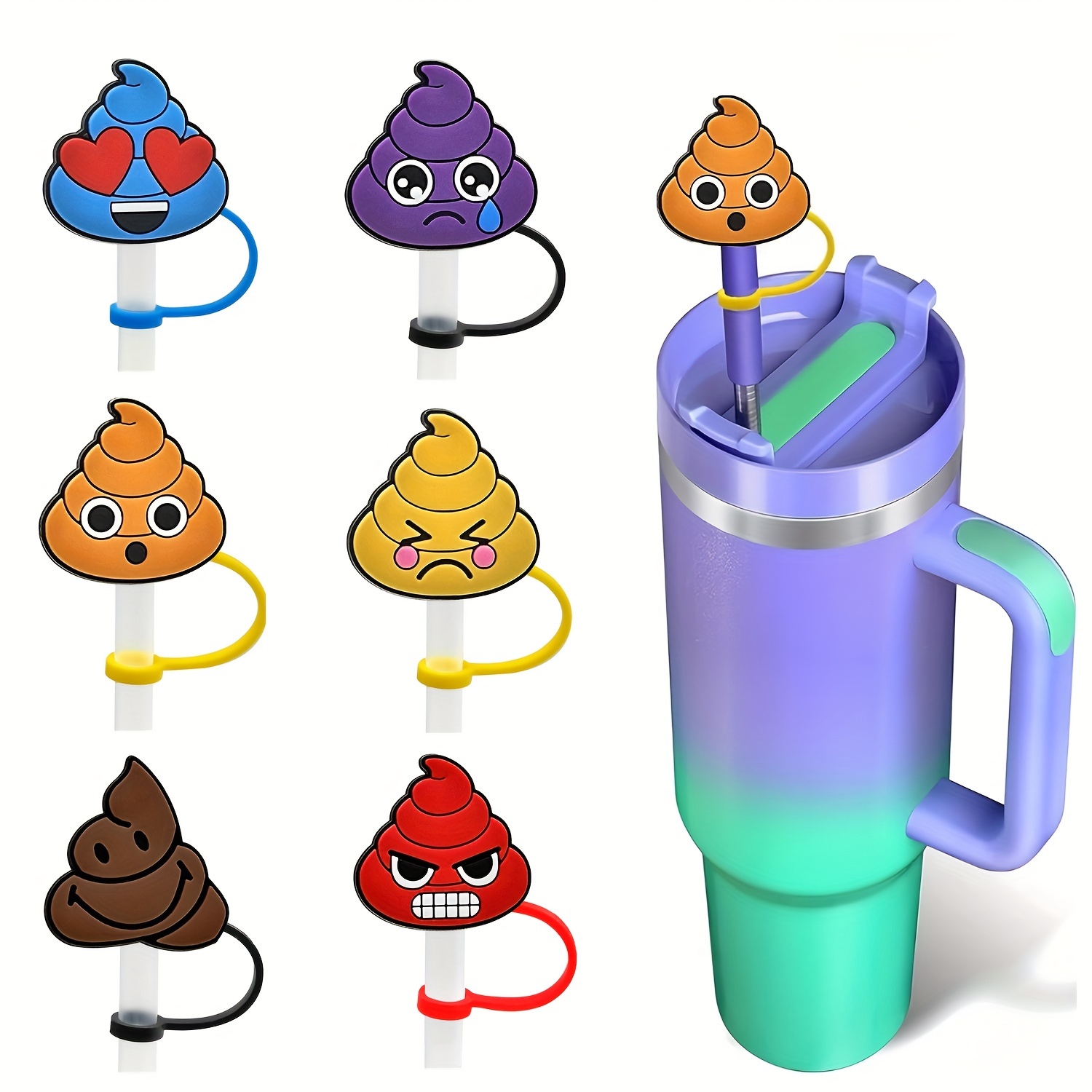 

6-pack Pvc Poop Themed Funny Straw Topper Caps For Stanley 30 & 40 Oz Tumblers, Reusable 0.4 Inch Straw Tips Protectors, Cute Beverage Accessories, Gag Gift Idea