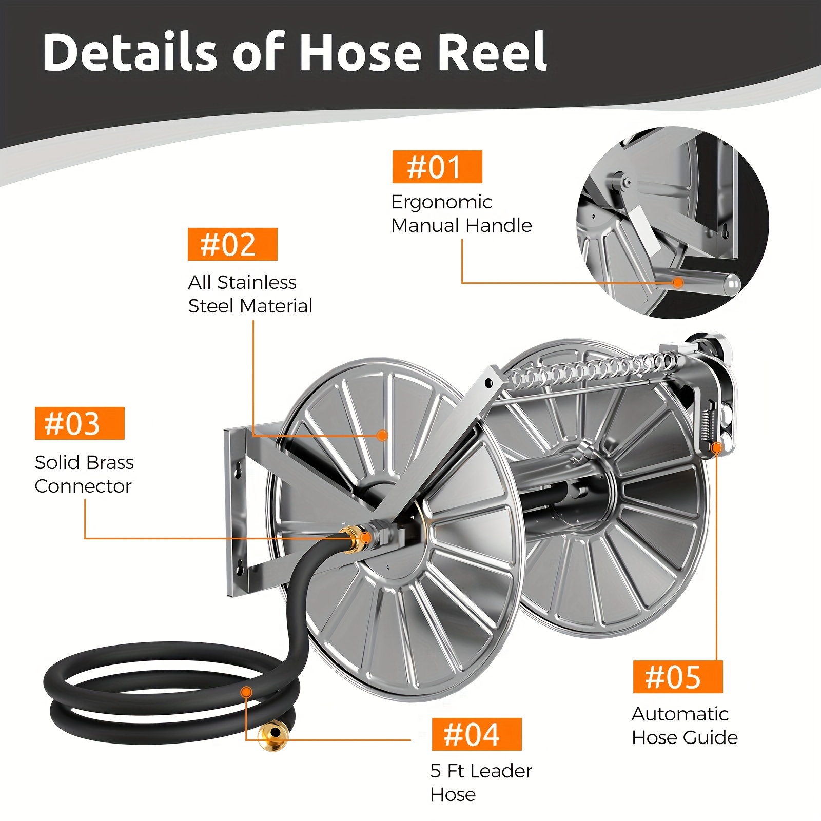 

Efurden Stainless Steel Garden Hose Reel With 5 Ft Leader Hose, Heavy Duty And Large Capacity Metal Water Hose Reel Wall Mount With Crank Handle