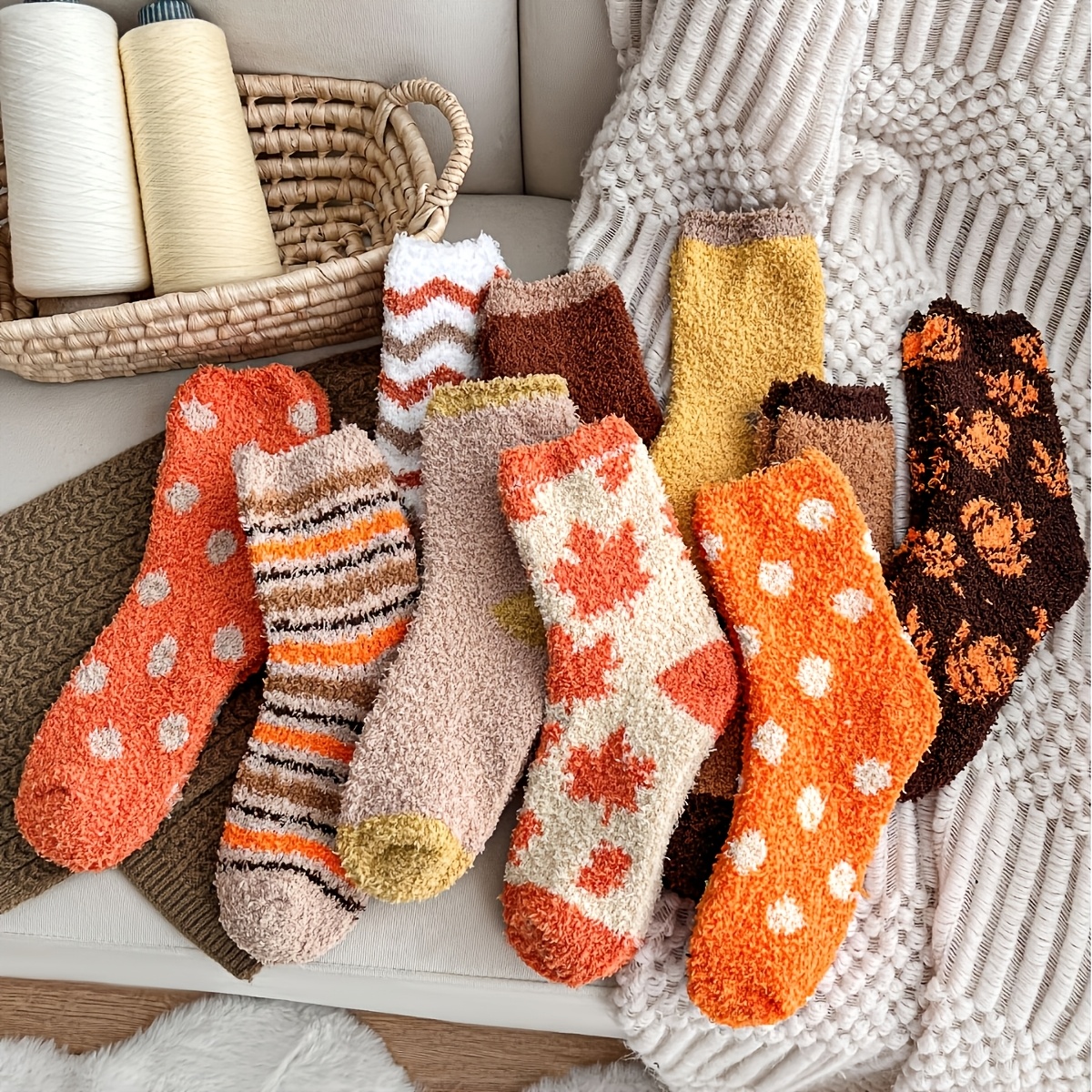 TEMU 9 Pairs Of Women's Autumn Coral Mid-calf Socks, Maple Leaf Pumpkin Polka Dot Striped Geometric Printed Thickened Floor Socks, Soft, High-,