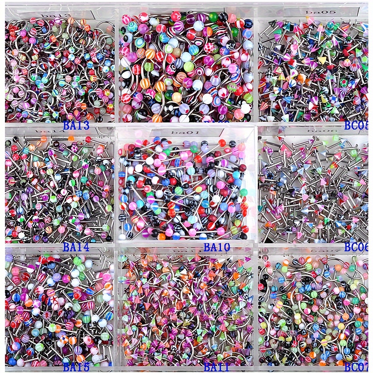 

45 Pcs Mix Color Body Piercing Jewelry Set: Lip Rings, Eyebrow Rings, Nose Rings - 9 Styles, 5 Pcs Each, Stainless Steel 304, No Magnetic