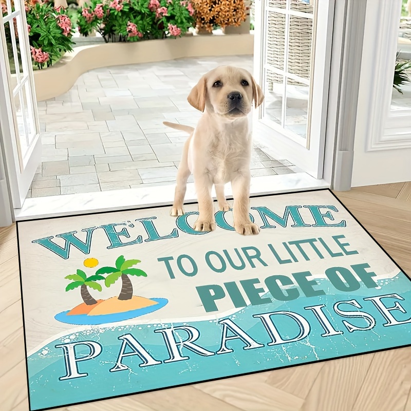 

Welcome To Our Little Piece Of Paradise" Cartoon Beach Door Mat - Non-slip, Machine Washable Polyester Rug For Indoor/outdoor Use, Perfect For Living Room, Bathroom, And Home Decor