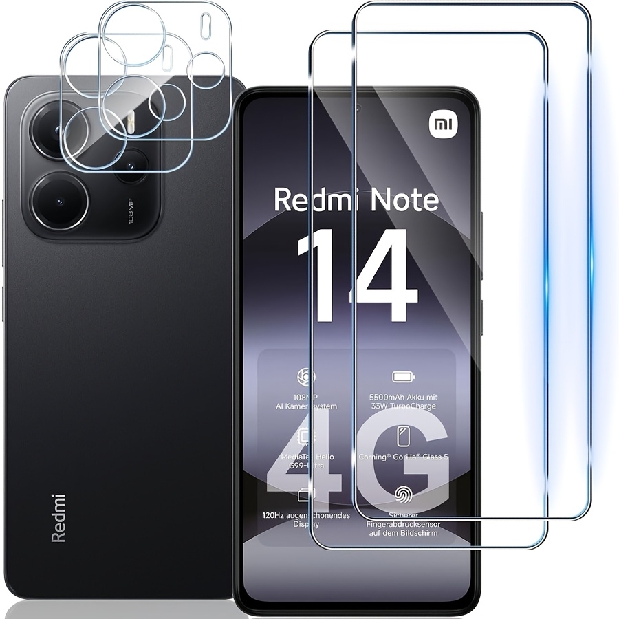 E-shop 4IN1 [2+2] 2 Stück Hartglas für Xiaomi Redmi Note 14S Note 14 4G/5G Bildschirmschutz + 2 Stück Kameraobjektiv-Schutz, [Kratzfester] [Blasenfrei]