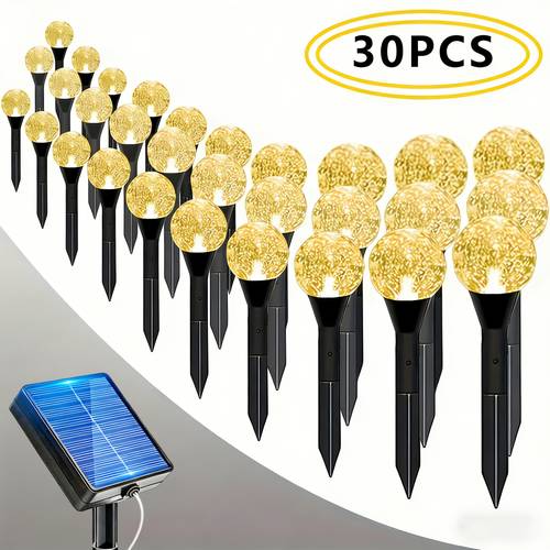 30pcs Outdoor Solar Lights IP44 Crystal Ball String Lights with Light Sensor & 8 Lighting , Lawn Light Strip Suitable for Gardens, ways, Patios, Lights with Plug-and-Play Installation (No)