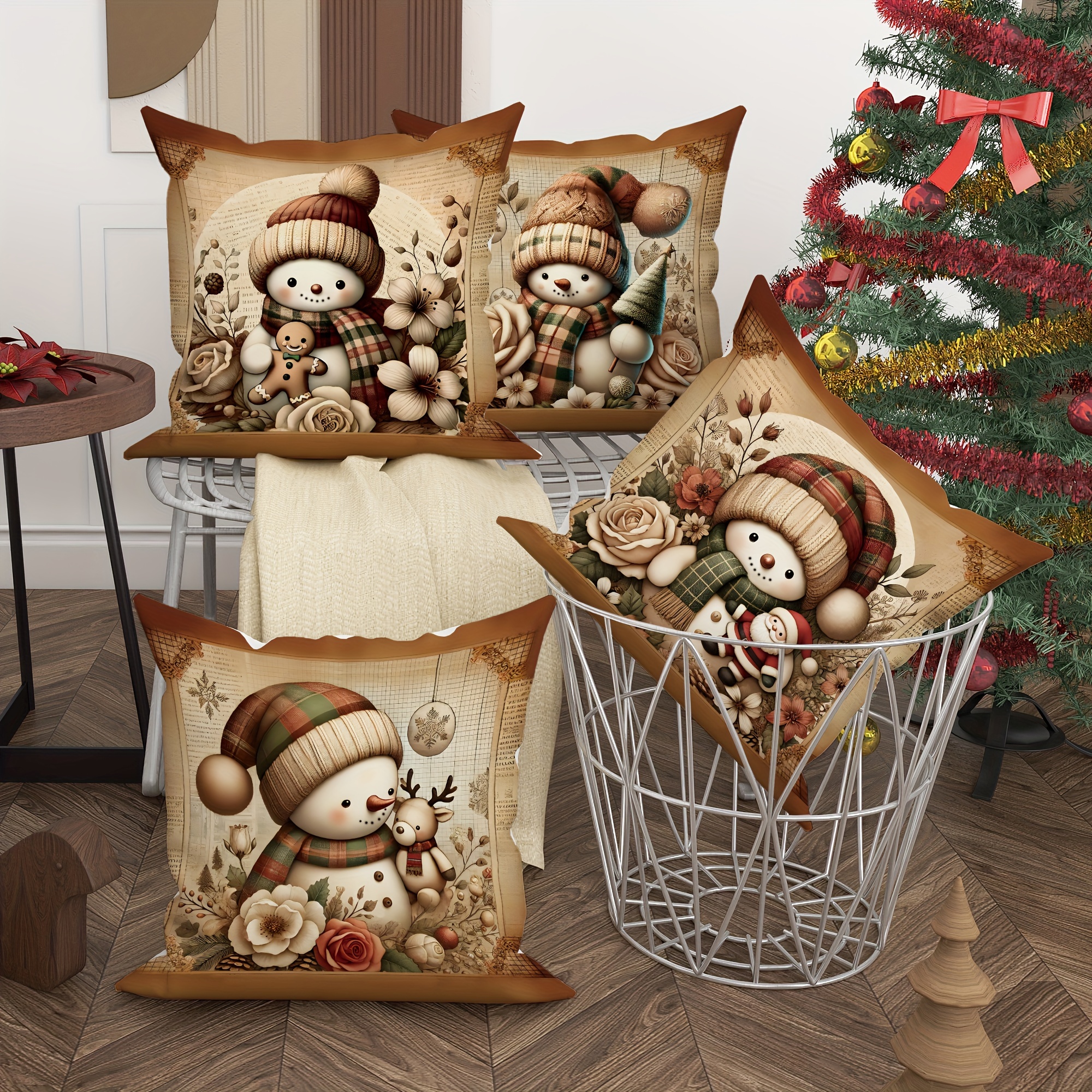 

4pcs Christmas Snowman Decorative Pillowcases 1 18in*18in For Sofa Bed Decor Inserts