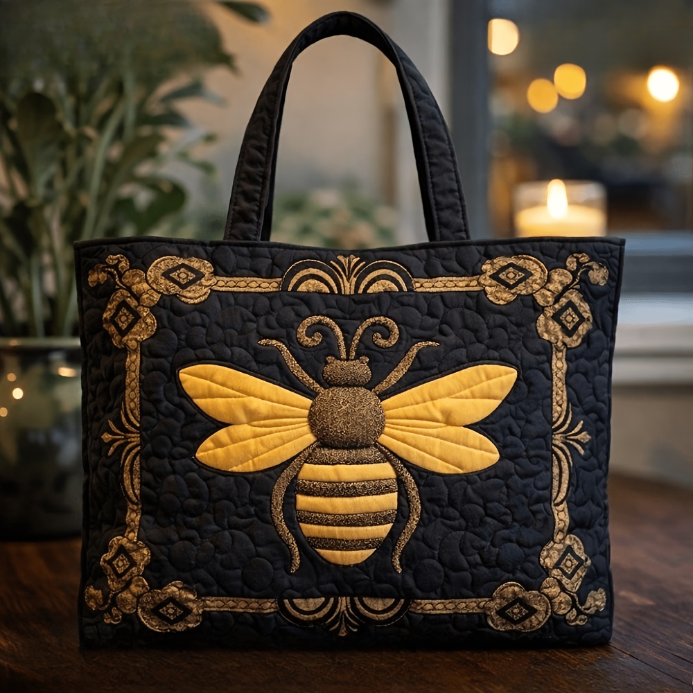 TEMU Women' Bohemian Large Quilted Tote Bag With Bee & Floral Print - Handmade Suitable For Shopping, ,, - Colorful & Stitched Quilting Design,