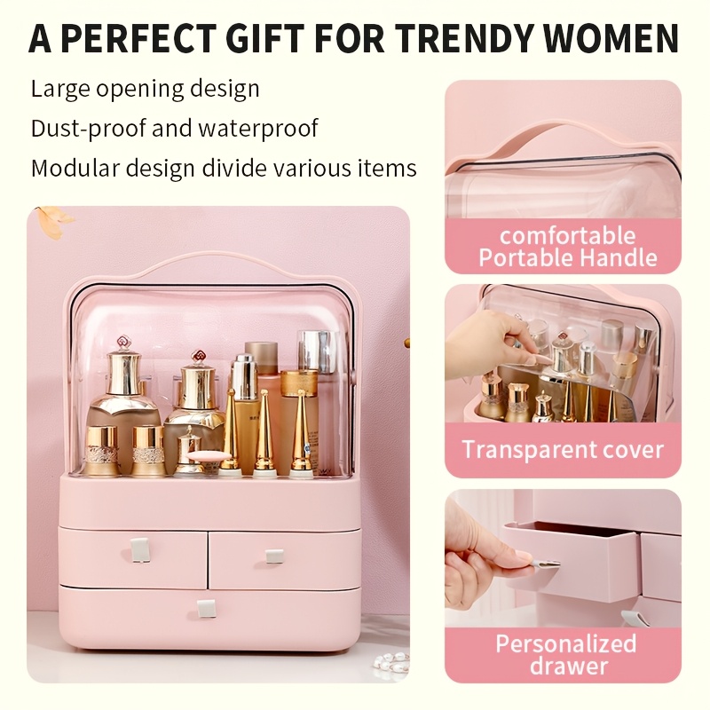 pink expandable makeup organizer with drawers dustproof cosmetic storage box for skincare lipstick jewelry and brushes transparent lid multi tiered compartments vanity or bathroom countertop cosmetic storage organizer details 1