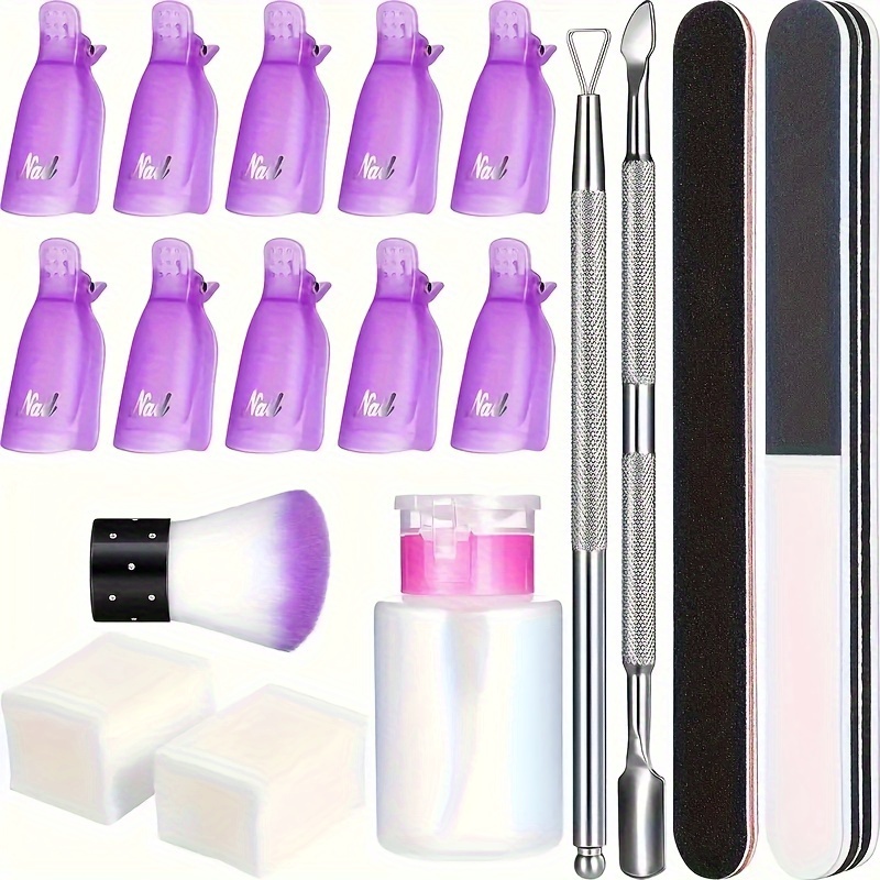 

18-piece Gel Nail Polish Removal Kit With Cotton Pads, Clip Caps, File, Cuticle Pusher, Buffer, Acetone-free Brush & Dispensing Bottle - Odorless Manicure Set