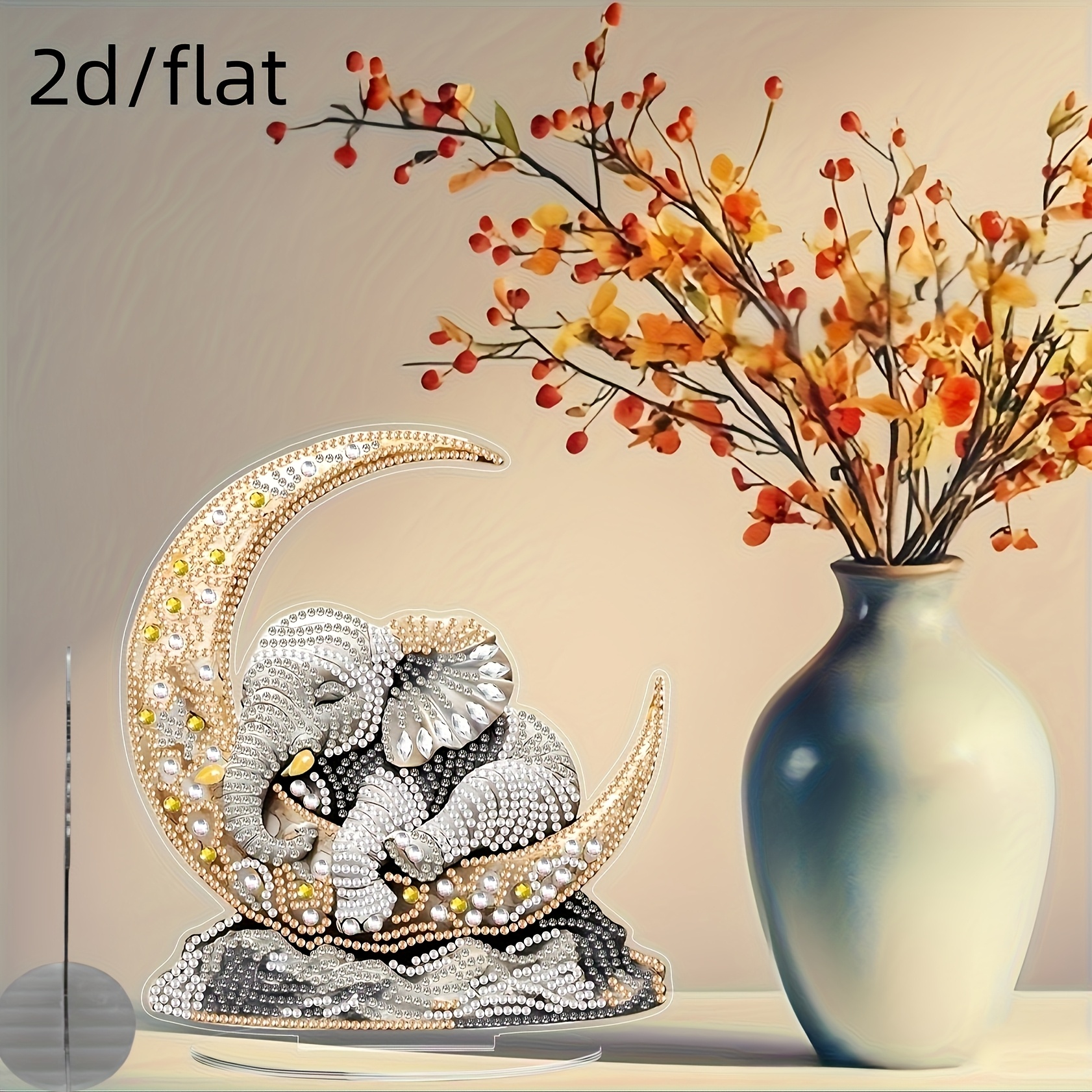 Image of 2d/flat Diy Desktop Diamond Painting Kit, Special Shape Rhinestone Tabletop Decoration, Home Standing Synthetic Gemstone Art Craft Set, Elephant Holding The Moon, Handmade Gift For