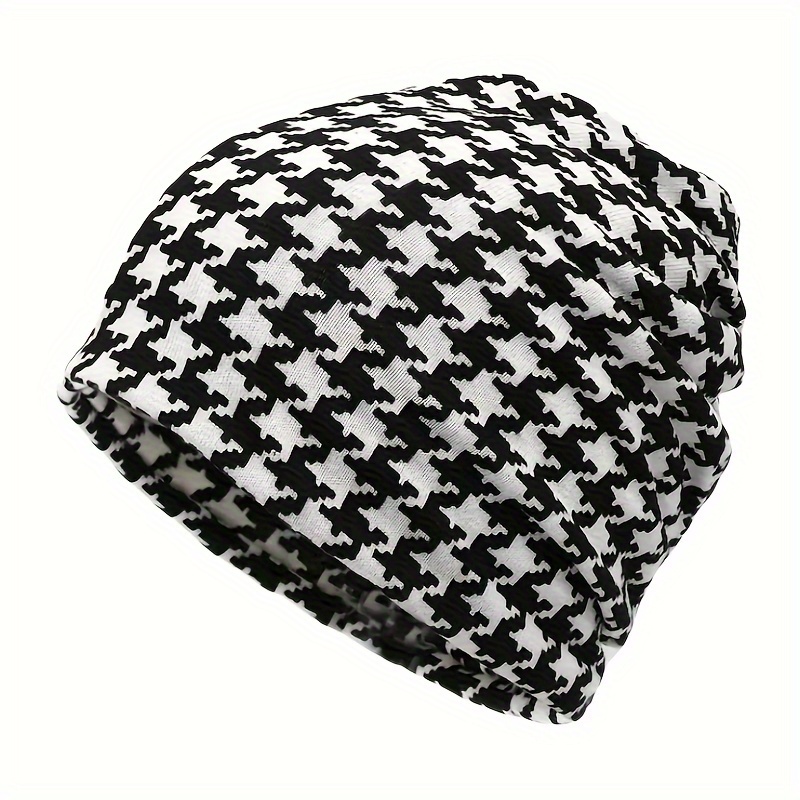 

Stylish Lightweight Slouchy Beanie For Women - Black White Houndstooth Elastic Baggy Hat, Soft Warm Infinity Scarf For Outdoor Cycling