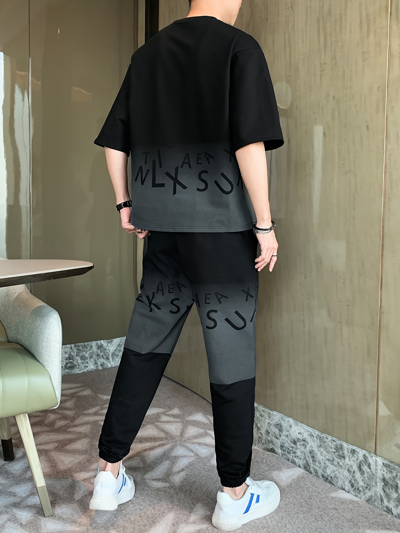 Men's Summer Casual Cotton Blend Outfit Set - Gradient Color Short Sleeve T-Shirt & Stylish Drawstring Shorts, Machine Washable