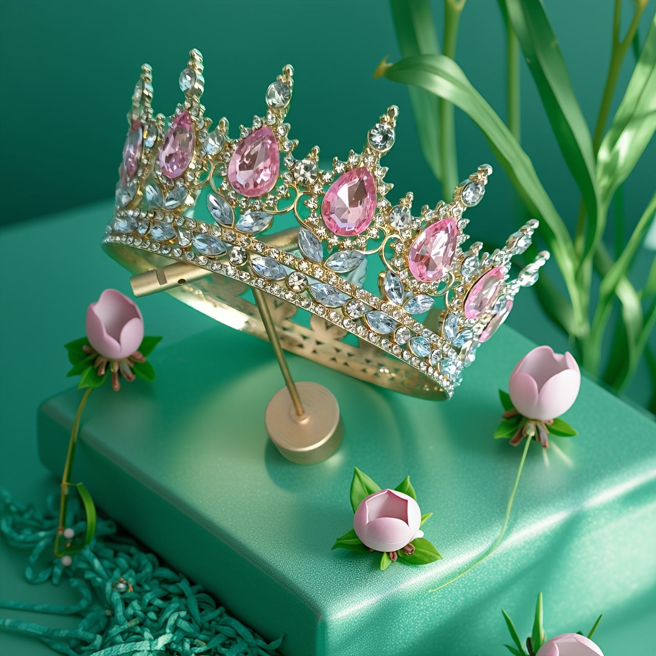 Image of A Bohemian-style Pink Crown, Featuring Round And Rhinestone Embellishments, A Princess Bachelorette Party Headpiece, An Elegant Wedding Gift, And A Simple Birthday Crown For