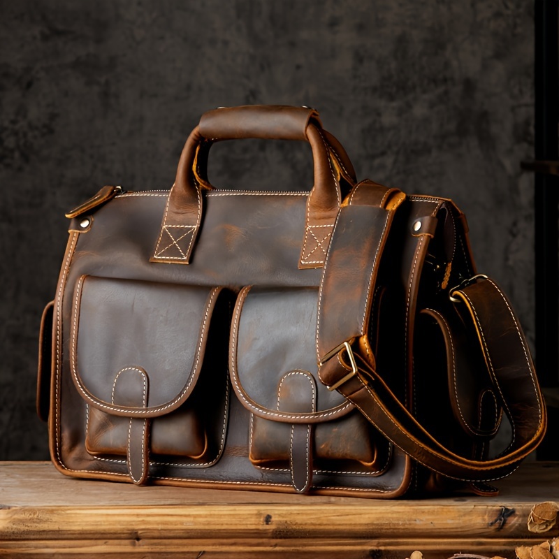 1pc Men's Leather Handbag, Top Layer Cowhide Shoulder Bag, Vintage Travel Sling Bag